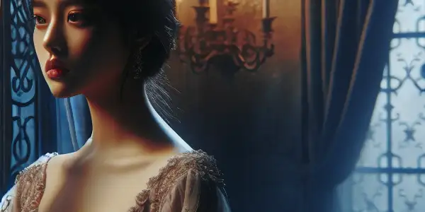 A young woman in a vintage gown gazes longingly out a moonlit window in an opulent, mysterious room.