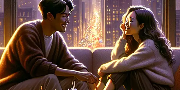 A couple in a cozy apartment shares a joyful moment, surrounded by warm lighting and a cityscape at dusk.