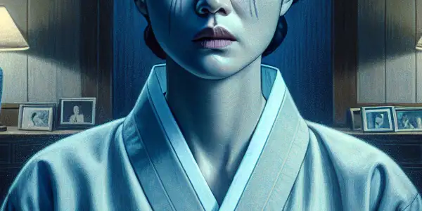 A woman in a dimly lit room reflects on family and ethics, surrounded by symbolic elements of hope and despair.