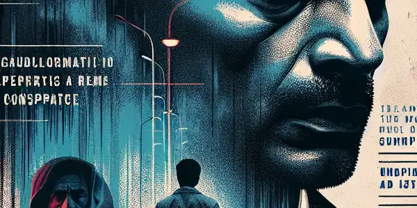 A weary protagonist surrounded by shadowy figures in a dark, suspenseful atmosphere, hinting at conspiracy and danger.