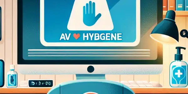 A cozy room featuring a laptop with a hygiene warning, hand sanitizer, protective gear, and health manuals.