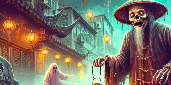 A whimsical corpse transporter encounters playful spirits on a foggy Hong Kong street, blending humor and eeriness.