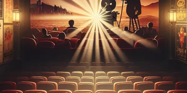 Vintage 1970s Hong Kong cinema with plush seating, glowing projector, and iconic adult film posters.