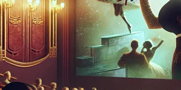 A couple shares an intimate moment in a cozy cinema, captivated by a romantic film scene.