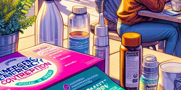 A diverse group of young adults discusses contraception in a vibrant urban café, featuring emergency contraceptive pills and condoms.