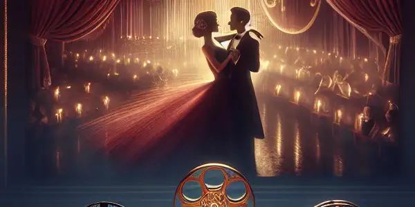 A luxurious movie theater scene showcasing a passionate moment between a couple on screen, surrounded by classic cinema elements.