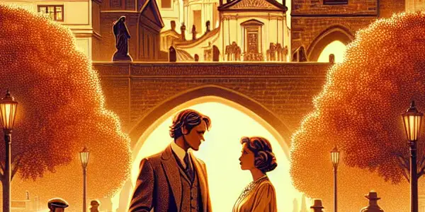 A romantic scene in Prague featuring a thoughtful male surgeon and an elegant woman during a golden sunset.