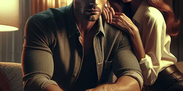 A tense moment between a handsome man and his alluring sister-in-law in an elegantly furnished living room.