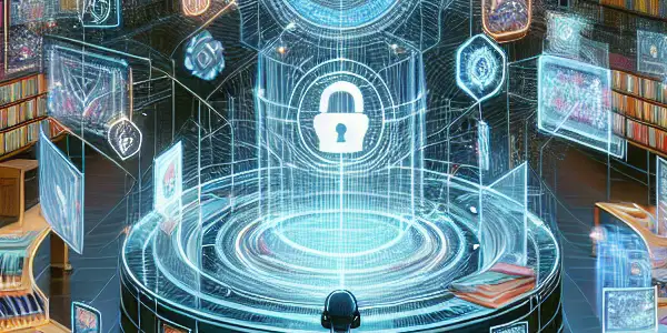 A futuristic digital library showcasing diverse adult content with holographic displays and immersive technology in a sophisticated setting.