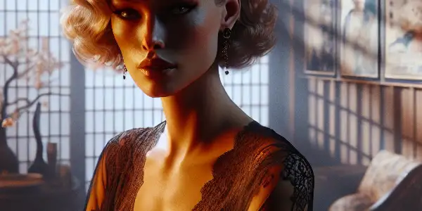 A sophisticated woman in an elegant, dimly lit room filled with nostalgic 1980s Japanese decor and movie posters.