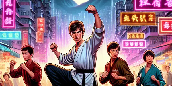 A vibrant urban scene of young martial artists playfully battling a comical villain in neon-lit Hong Kong.