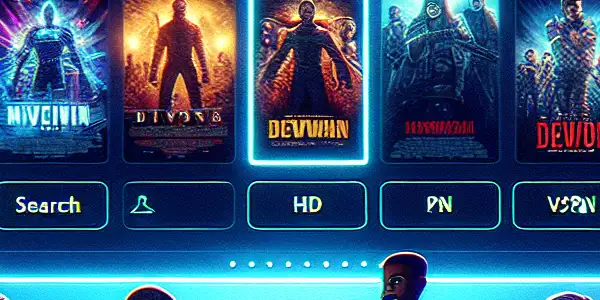 A vibrant digital interface for a movie download website featuring HD thumbnails, diverse users, and a focus on security.