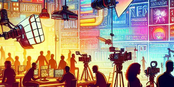 A modern film studio bustling with diverse professionals collaborating on an innovative adult film project.