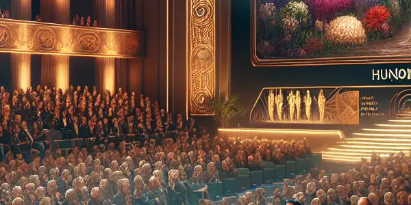 A glamorous awards ceremony celebrating Chinese cinema, featuring diverse filmmakers, floral decorations, and a prominent award winner.