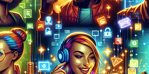 A diverse group of excited individuals in a vibrant urban setting, engaging with devices amidst colorful digital displays.