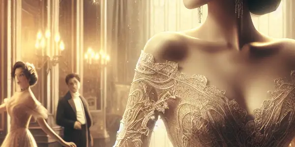 Lin Chi-ling in an elegant gown, set in a vintage-inspired cinematic atmosphere, exuding romance and allure.