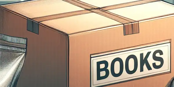 A closed box labeled "Books" on a wooden table, surrounded by privacy symbols and a cozy living space backdrop.