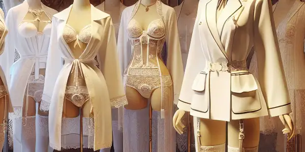 A boutique display featuring elegant Japanese AV costumes on mannequins, including a nurse outfit and delicate lingerie.