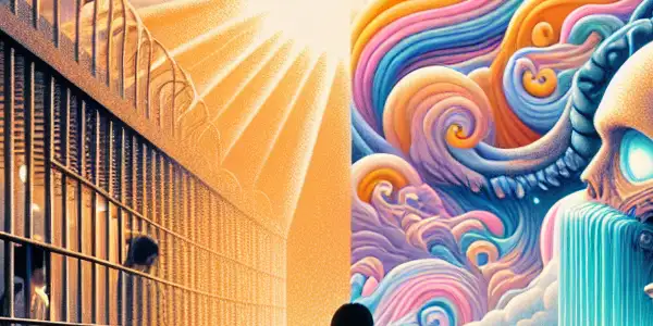 A split movie poster featuring a hopeful prison scene and a surreal dreamscape, with elements from classic films.