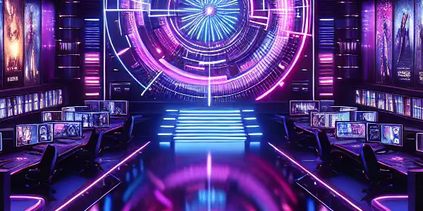 A high-tech room filled with vibrant screens showcasing organized adult entertainment, illuminated by neon lights.