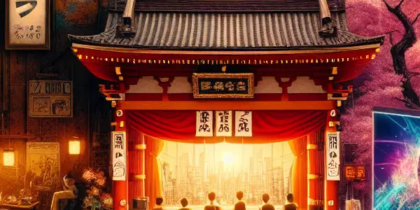 A split scene depicting the evolution of Japanese adult film culture from retro pink films to modern AV industry.