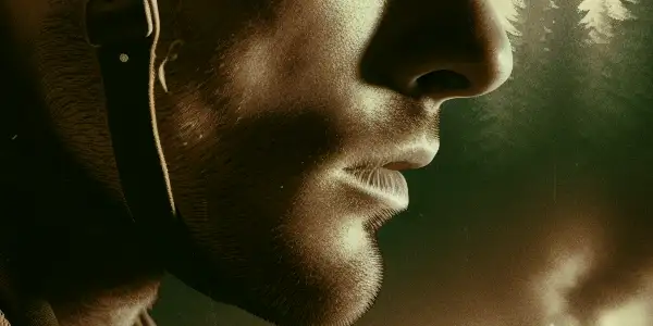 A brave soldier stealthily infiltrates an enemy camp at night, surrounded by a dimly lit forest.