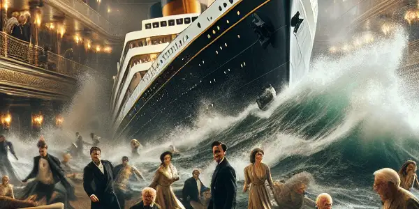 A luxurious ocean liner's New Year's Eve party is disrupted by a massive wave, causing chaos and fear among passengers.