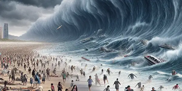 A chaotic beach scene depicting terrified beachgoers fleeing as a massive tsunami looms overhead.