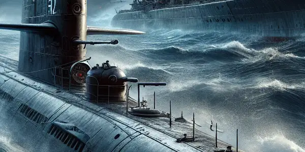 A tense naval battle scene featuring an Allied submarine and a German U-boat amidst stormy ocean waves.