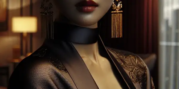 A captivating female protagonist in an intimate, dimly lit setting, evoking themes of desire and betrayal.