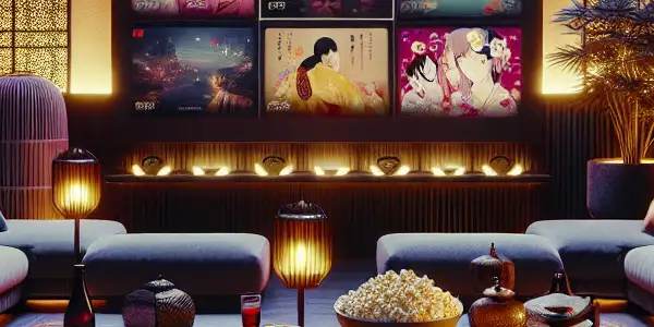 A modern streaming interface showcasing vibrant thumbnails for adult films in a cozy, dimly lit environment.