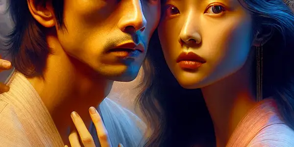 A brother and sister embrace under cherry blossoms, embodying forbidden love and emotional tension in a dimly lit setting.