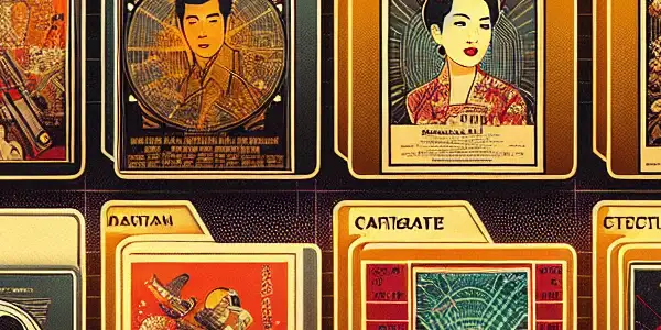 A modern digital archive featuring vintage adult film posters and snapshots, blending classic and contemporary aesthetics.