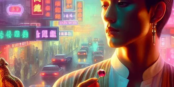 A vibrant Hong Kong street scene featuring a thoughtfully posed character in traditional attire, surrounded by neon lights and cultural elements.