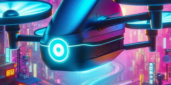 A futuristic cityscape featuring a high-tech delivery drone and elements of adult film distribution amidst vibrant neon lights.