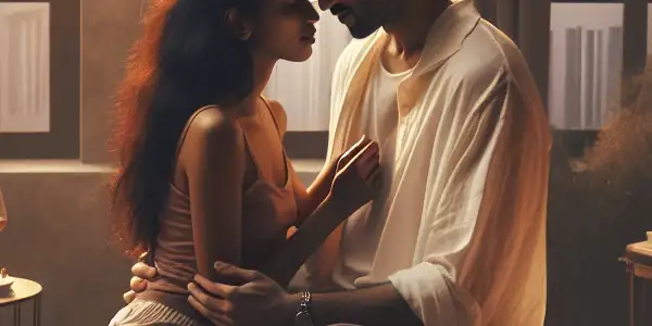 A cozy bedroom scene with a couple sharing a tender moment, surrounded by soft lighting and romantic details.