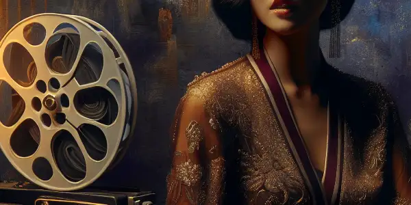 A confident female figure in elegant lingerie, surrounded by vintage film elements in a luxurious, dimly lit room.