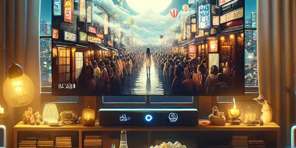 A cozy living room with a large screen displaying a vibrant movie poster and city skyline at night.