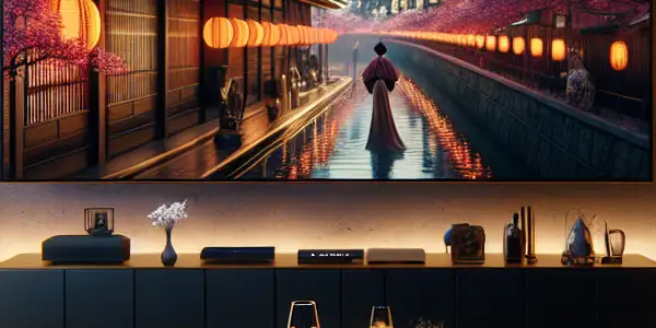 A luxurious, intimate room featuring a high-definition screen displaying a fictional Japanese AV scene.