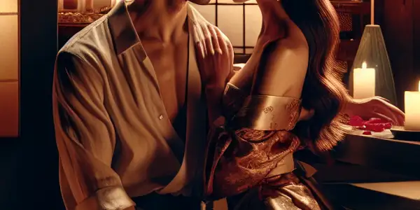 A romantic couple embraces in a cozy, dimly lit room adorned with candles and rose petals.