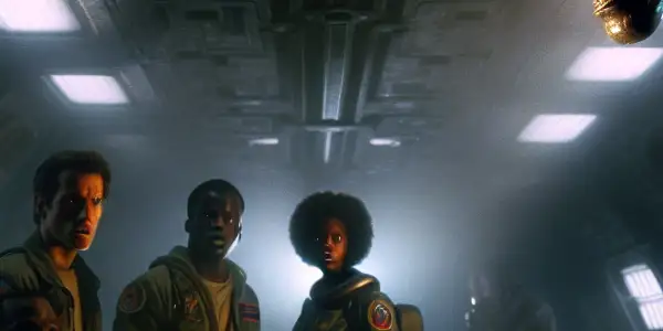 A tense moment inside a dimly lit spaceship as diverse crew members confront a menacing extraterrestrial creature.