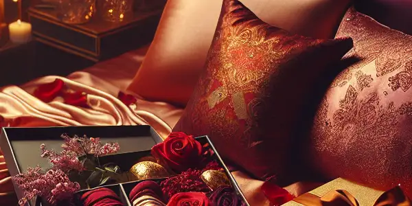 A luxurious bedroom setting filled with romantic gifts, intimate decor, and warm, inviting lighting.