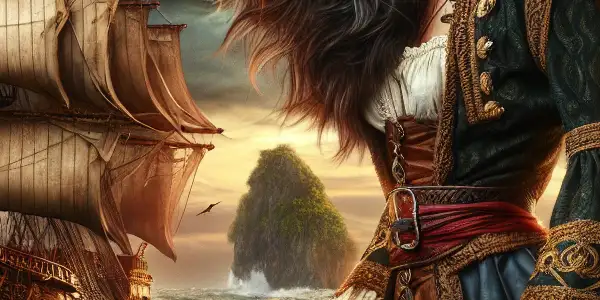A fierce female pirate confidently commands a majestic ship through tumultuous seas, with a treasure island in the background.