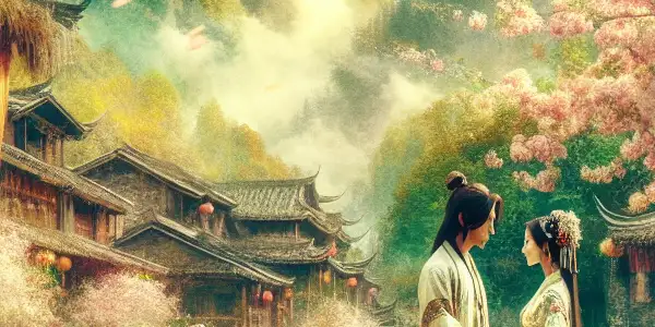 A romantic scene of Ah Peng and Jin Hua under a blooming flower tree in Yunnan's vibrant landscape.