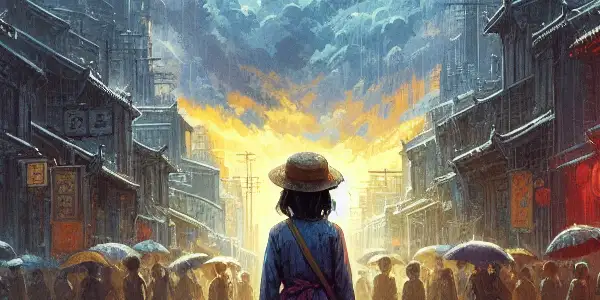 A young girl at a crossroads, symbolizing innocence amidst the turmoil of the Cultural Revolution in China.
