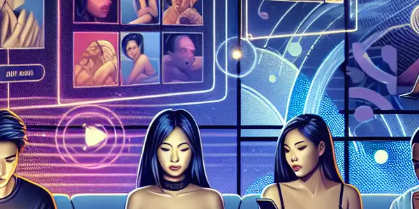 A vibrant digital interface showcasing diverse characters exploring a modern adult subscription service in a cozy, high-tech setting.