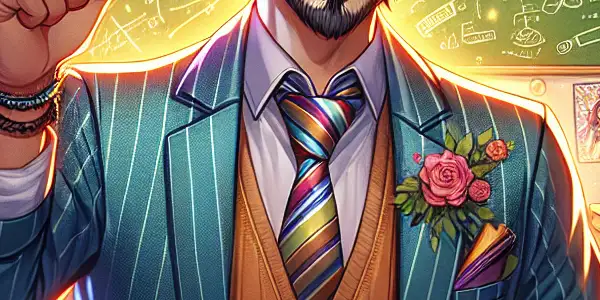 A vibrant classroom scene featuring a charismatic young teacher engaging with students, filled with playful decor and warm lighting.