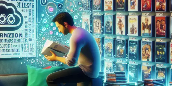 A cozy home entertainment space featuring a person organizing a colorful collection of adult films and digital devices.