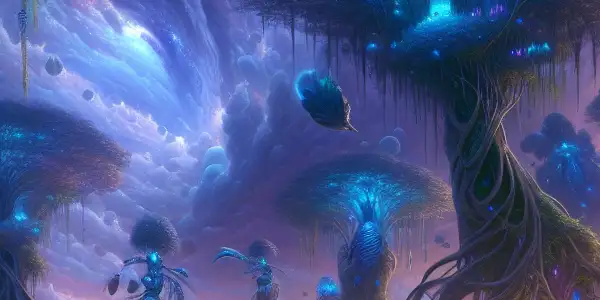 A vibrant Pandora landscape with Na'vi characters exploring bioluminescent flora and floating mountains under a colorful sky.