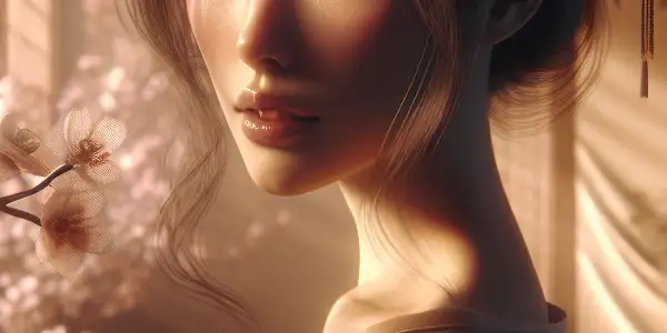 A serene Japanese woman embodies sensuality and mystery in a softly lit, elegant room with cherry blossoms.